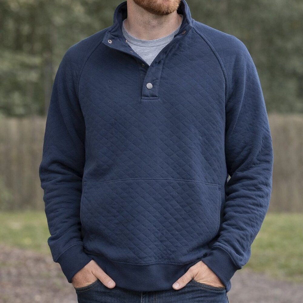 Eddie Bauer Men’s Quilted Pullover Sweatshirt Medium Navy Snap Neck Sweater